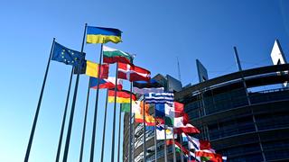 Flaggen der EU-Staaten und der Ukraine sowie die EU-Flagge wehen vor dem EU-Parlament in Straßburg.  (Foto: picture alliance / Panama Pictures | Dwi Anoraganingrum)