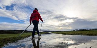 Eine Frau geht mit ihren Lauf-Stöcken durch eine große Regenpfütze am Feldrand (Foto: picture alliance/dpa | Thomas Warnack)