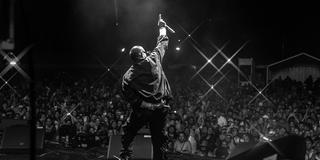 Der jamaikanische Rapper Sean Paul gibt ein Konzert, das Foto ist schwarz-weiß und zeigt den Artist von hinten vor vollem Publikum. (Foto: den atelier)