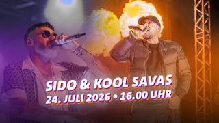 Das Plakat zum Open Air Festival im Lokschuppen am 24. Juli 2025. Sido und Kool Savas sind im Hintergrund zu sehen, im Vordergrund stehen Datum und Location (Foto: IMAGO / Martin Müller / HMB-Media)