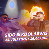 Das Plakat zum Open Air Festival im Lokschuppen am 24. Juli 2025. Sido und Kool Savas sind im Hintergrund zu sehen, im Vordergrund stehen Datum und Location (Foto: IMAGO / Martin Müller / HMB-Media)
