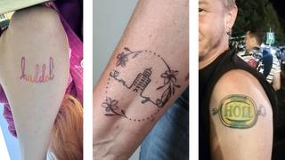 Collage aus drei Saarland-Tattos: Der Schriftzug "Huddel" auf einem Arm (links), eine Zeichnung des Schaumbergturms (mittig) und das "Höll"-Logo auf einem Oberarm (rechts). (Foto: Instagram/k.mi.katze/emmax0608 & Christoph Höll)