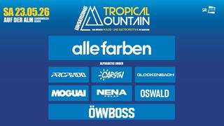 Auf der Grafik steht in weißer Schrift das Lineup des Festivals auf blauem Hintergrund: Alle Farben, Arcando, Carstn, Glockenbach, Moguai, Nena Polap,  Oswald, Öwnboss (Foto: TROPICLA MOUNTAIN)